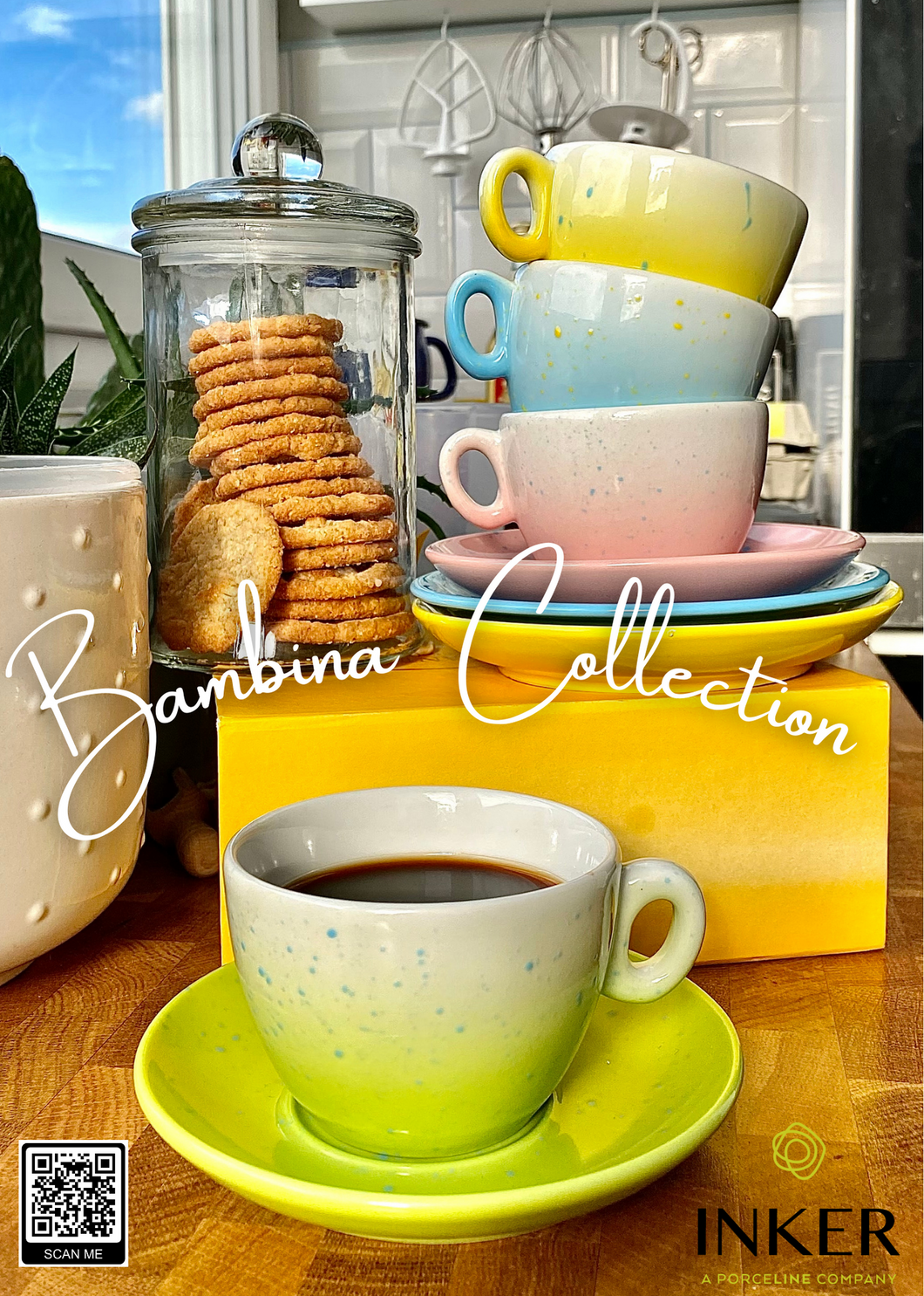 INKER - Tazze da Espresso / Cappuccino / The - linea Ines - Porcellana - decoro Bambina in 4 colori (set da 6 pezzi)